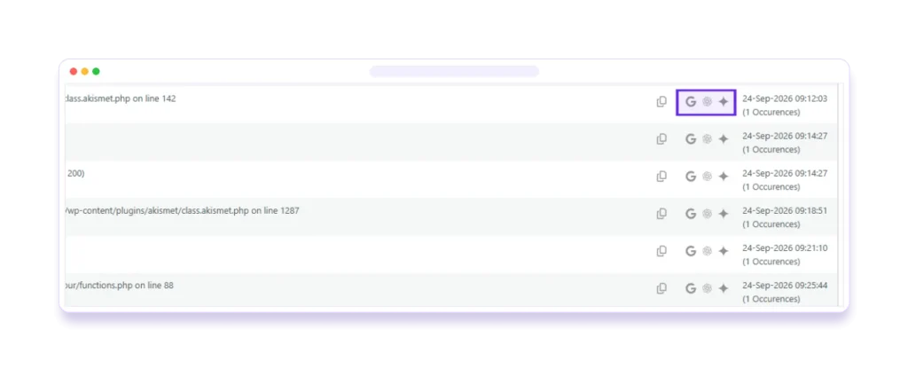 BugTrace log entries with Google, ChatGPT and Gemini help links