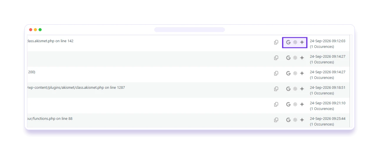 BugTrace log entries with Google, ChatGPT and Gemini help links