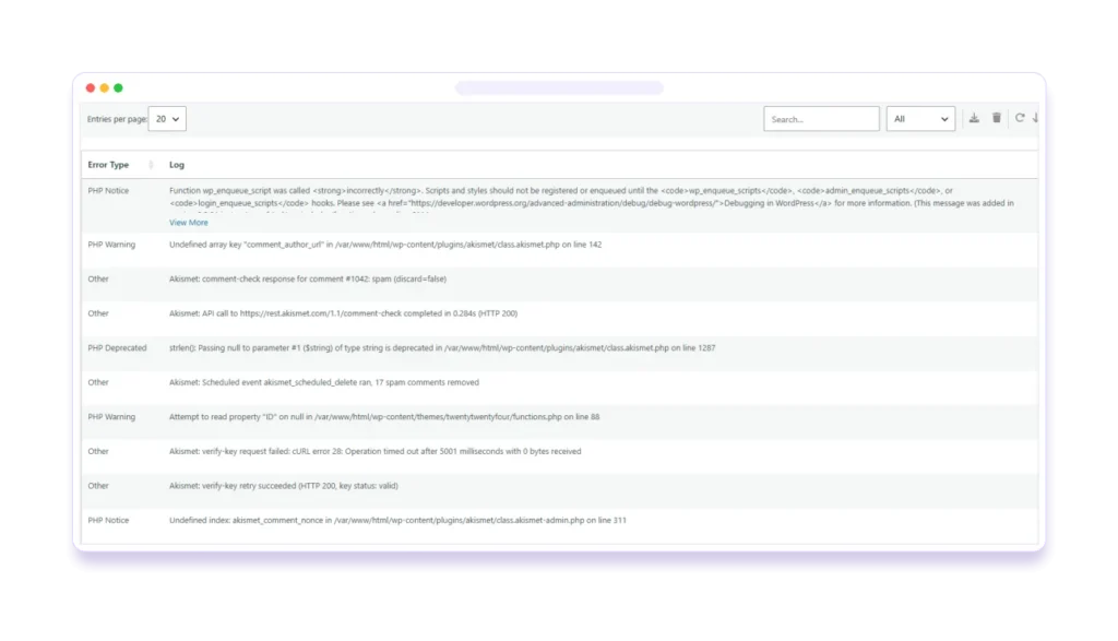 BugTrace debug log viewer with error types, auto refresh and grouped logs