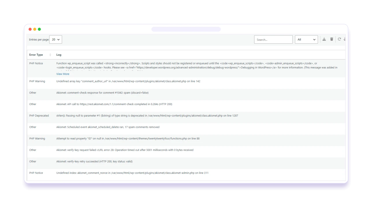 BugTrace debug log viewer with error types, auto refresh and grouped logs
