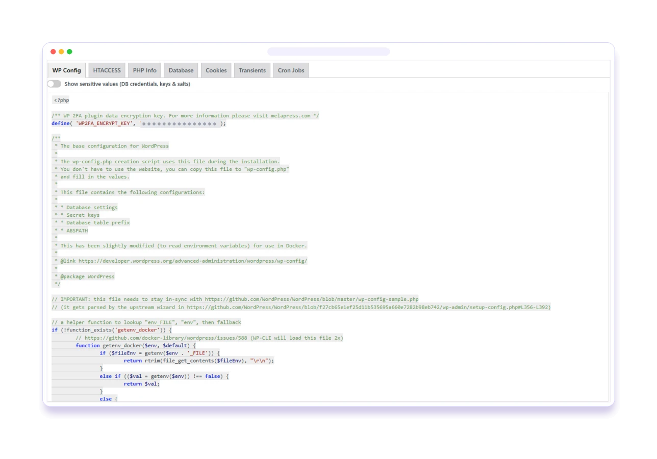 BugTrace read-only wp-config.php viewer with sensitive values hidden
