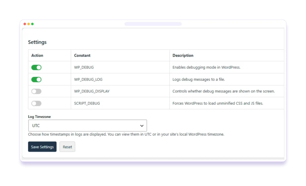 BugTrace settings with WP_DEBUG, WP_DEBUG_LOG, WP_DEBUG_DISPLAY and SCRIPT_DEBUG toggles
