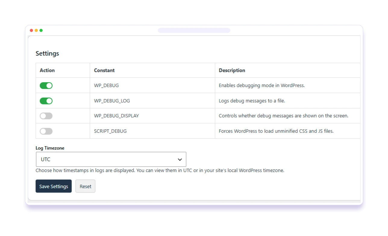 BugTrace settings with WP_DEBUG, WP_DEBUG_LOG, WP_DEBUG_DISPLAY and SCRIPT_DEBUG toggles