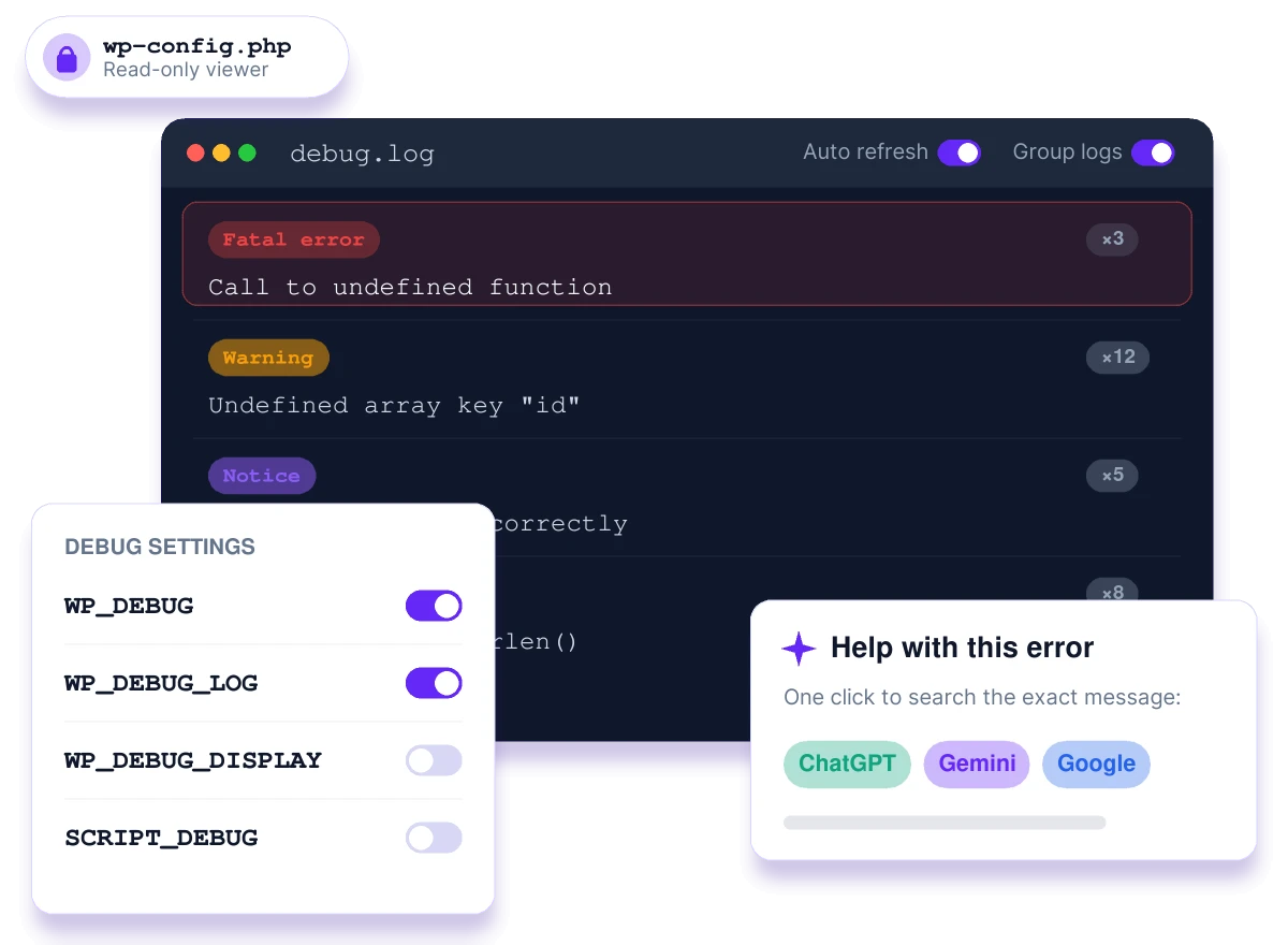 BugTrace debug log with fatal error, debug settings toggles and one-click help from ChatGPT, Gemini and Google