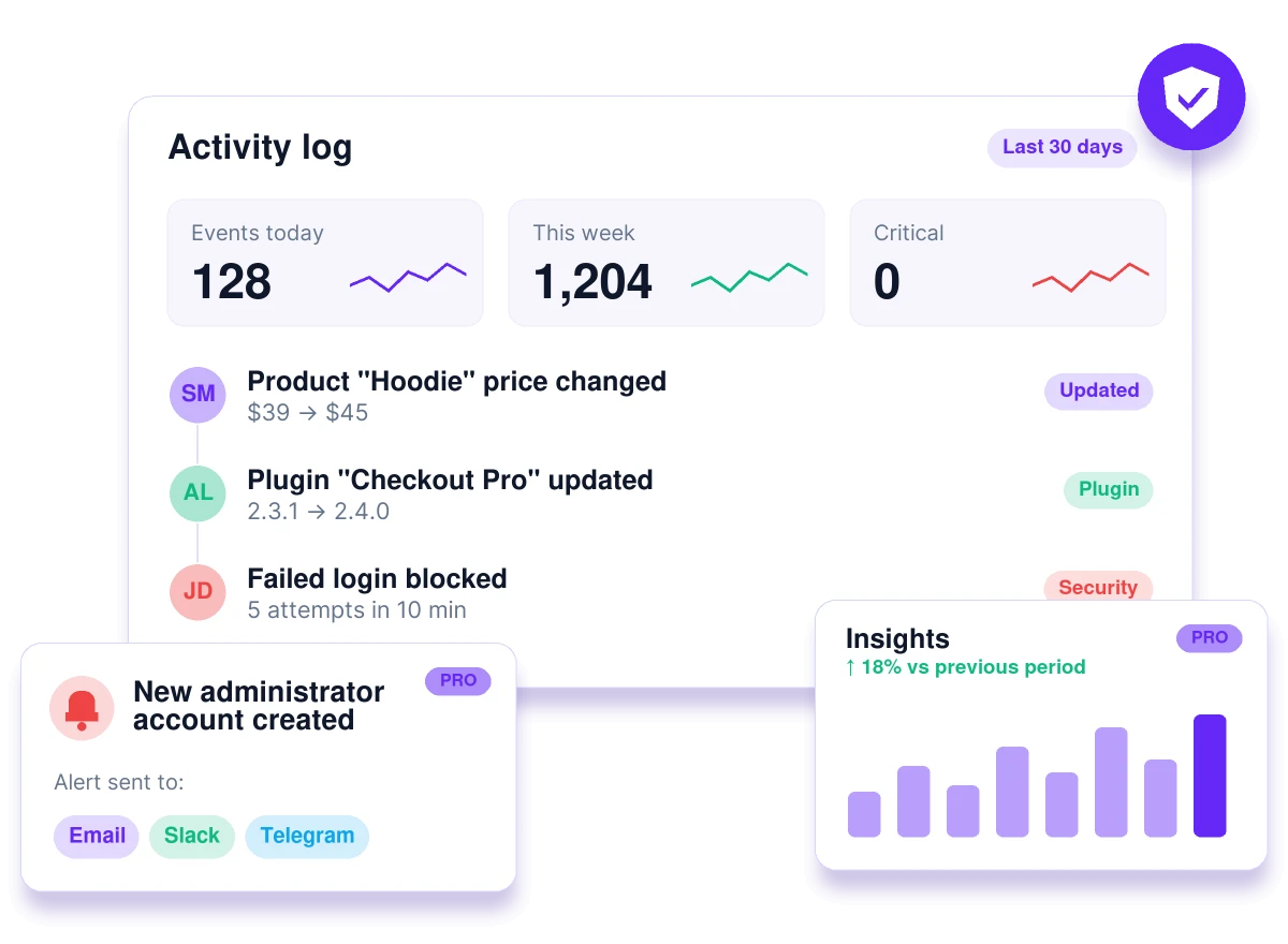 Pastmark activity log with event stats, a new administrator alert and Insights chart