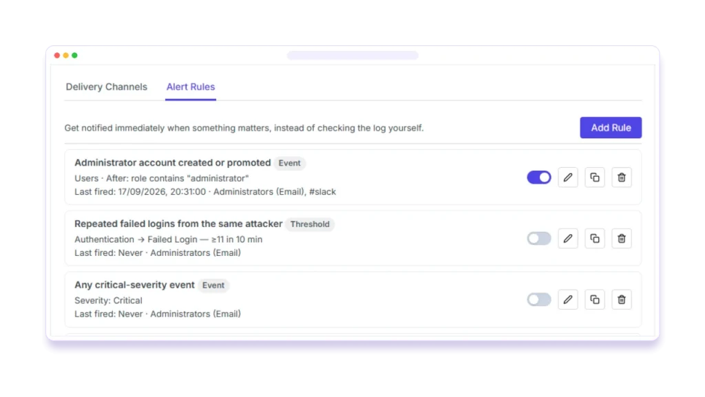 Pastmark Pro alert rules for new administrators, failed logins and critical events