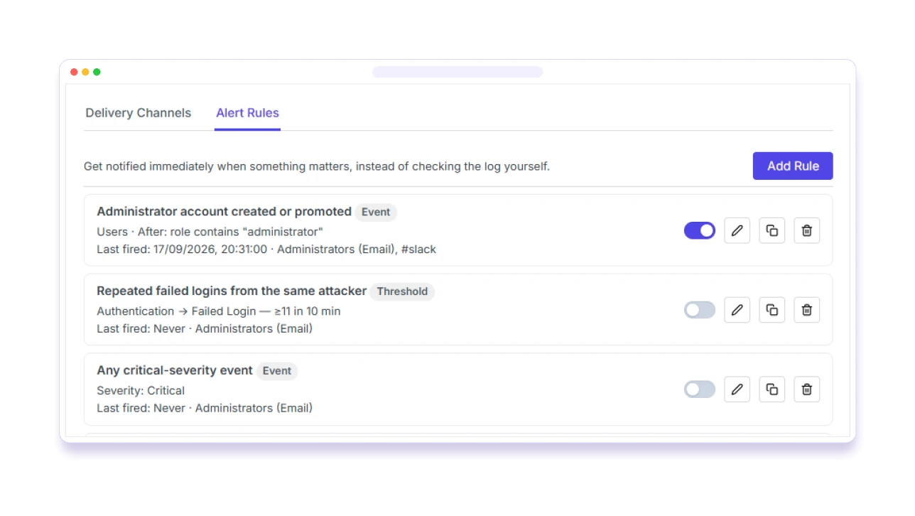 Pastmark Pro alert rules for new administrators, failed logins and critical events