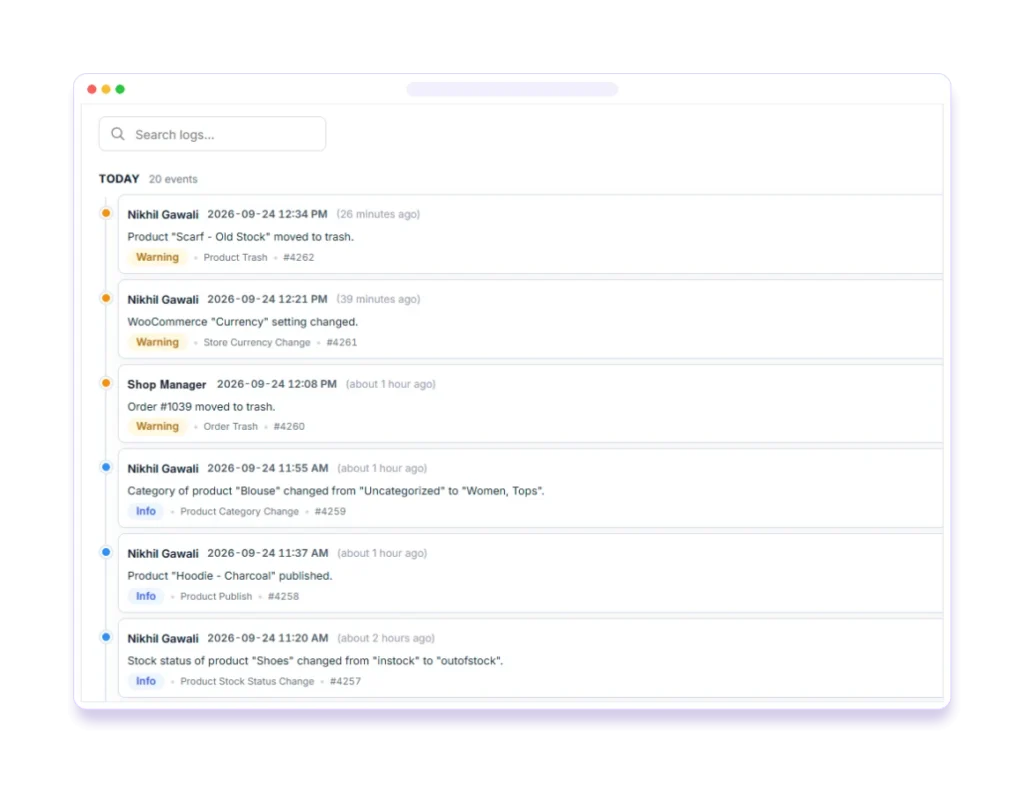 Pastmark activity log showing WooCommerce product, order and setting changes