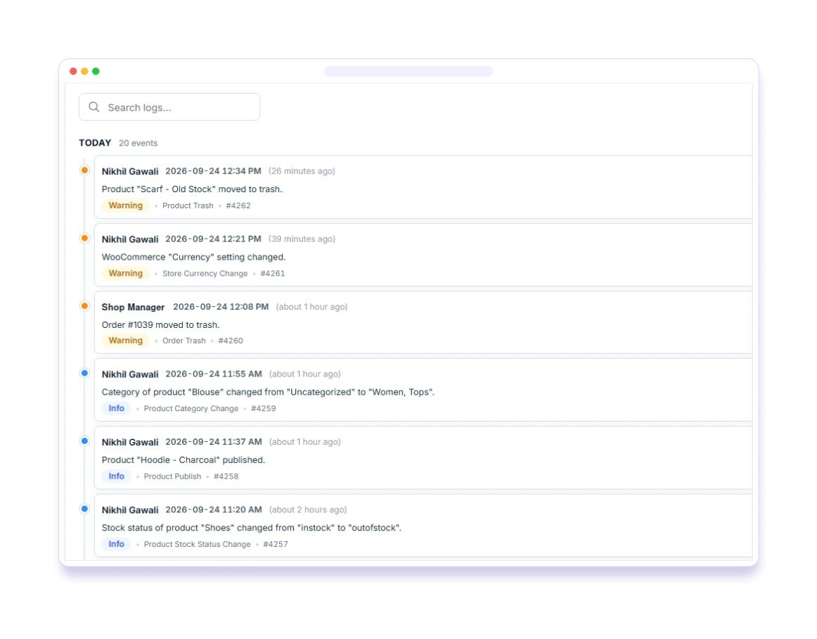 Pastmark activity log showing WooCommerce product, order and setting changes
